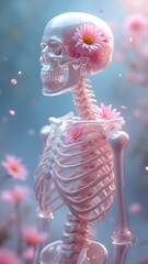 Glass Skeleton with Blooming Daisies &ndash; Surreal 8K Fantasy Art in Dreamy Pastel Atmosphere