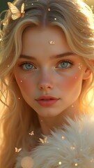 Enchanting Fantasy Portrait of a Glowing Blonde Woman with Butterflies and Golden Light &ndash; Dreamlike AI Art