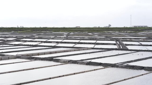 Close up view of a salt farm (salinas) in Ria de Aveiro, farm full of water waiting for the evaporation process. Cloudy sky in the background. Edges of the salinas full of small birds