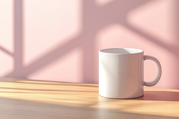 Plain white ceramic mug, minimalist indoor setting, wooden tabletop podium, pastel wall background, soft window light, Scandinavian aesthetic, tranquil vibe, photorealistic.