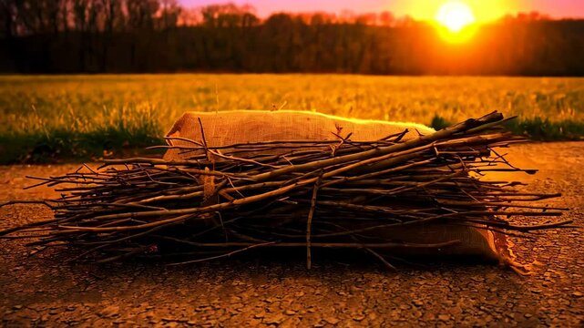 Rustic Twigs Bundled in Burlap at Sunset Rural Landscape
