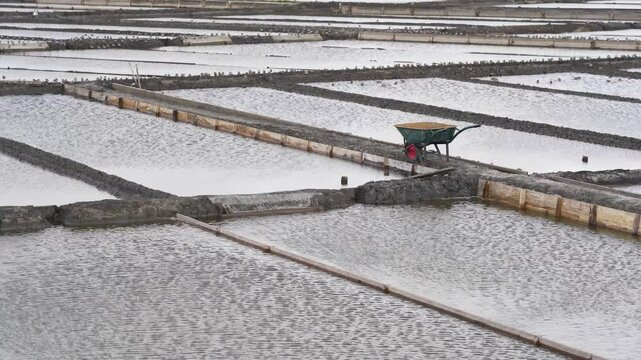 Close up view of a salt farm (salinas) in Ria de Aveiro, farm full of water waiting for the evaporation process. Windy day creating some water movement. Wheel barrel for the transportation of salt.