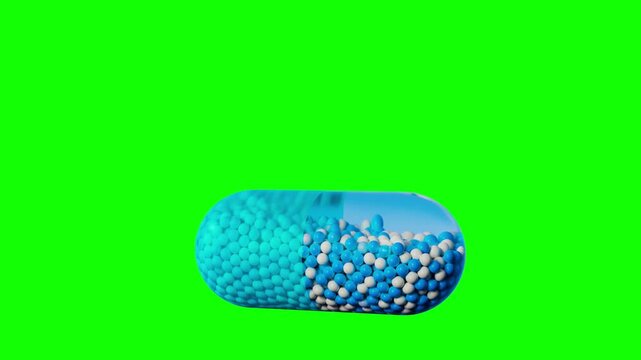 Blue Futuristic medicine capsule falling, packed with vibrant micro-granules on Green Screen