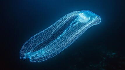 Bioluminescent comb jelly floats in dark blue ocean water.