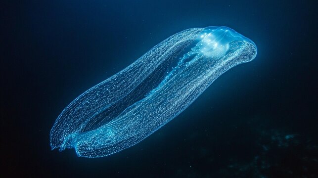 Bioluminescent comb jelly floats in dark blue ocean water. - Powered by Adobe