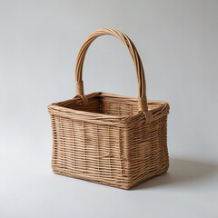 A rectangular, light brown rattan basket with a single, curved handle, sitting on a light surface against a plain, off-white background.
