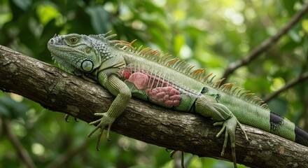 Green lizard resting on branch jungle scene