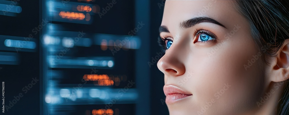 Poster Woman looking at code with cyber screen programming concept. Focused woman analysis data on blue screen with coding interface.