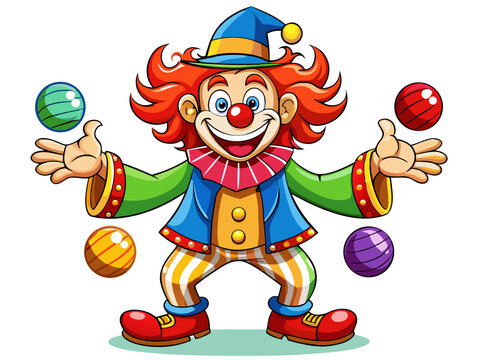 A high-quality vector illustration of a colorful cartoon clown with big shoes, red nose, and curly hair, juggling balls, isolated on a white background