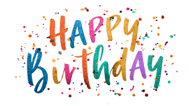 Happy birthday graphic with rainbow text and confetti, set on a vibrant black background