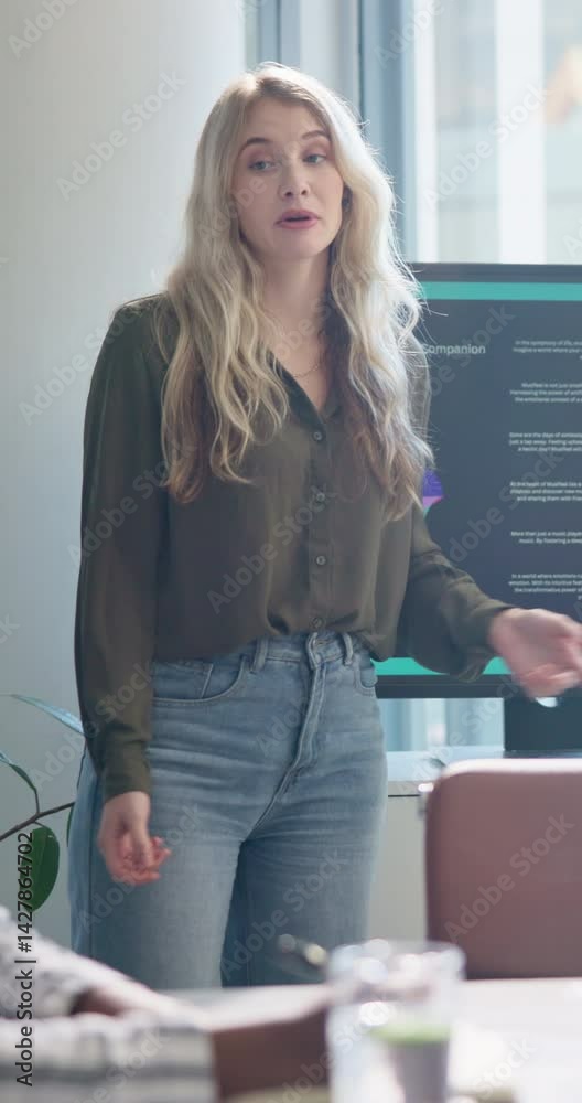 Poster Presentation, screen and business woman in meeting for tech startup, music app prototype and project. Developers, sound search algorithm and discussion with person in office for programmer pitch