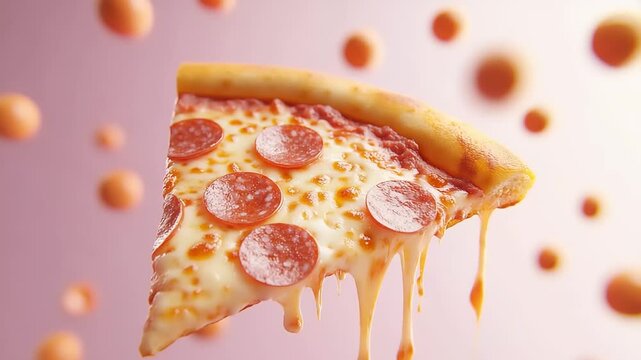 Delicious slice of pepperoni pizza floating against a pink background with abstract spheres, showcasing gooey cheese