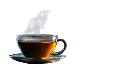 High-resolution image of a steaming cup of black tea on a dark background