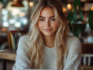 Obraz premium Young Woman with Long Hair Smiling in Cozy Cafe Setting
