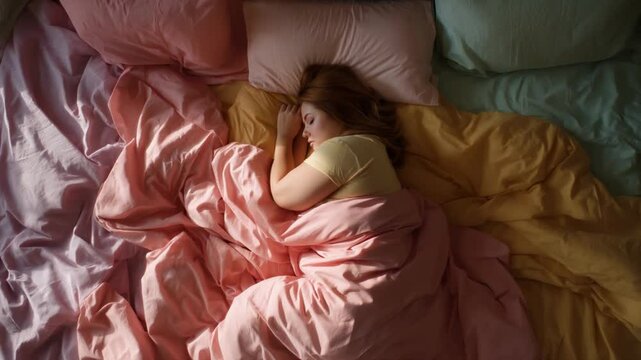 Serene Slumber: A young individual embraces the blissful tranquility of sleep amidst the soft embrace of a comfortable bed, swathed in gentle hues of pink and gold.
