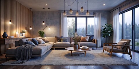 This contemporary hotel living room interior features a luxury design with a fireplace, comfortable sofa, and ample light from the window