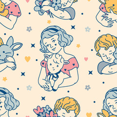 Tender spring rural seamless pattern with hand-drawn children and baby animals in pastel colors. Ideal for nostalgic, girly, and spring-themed design like fabrics, wallpaper, or stationery