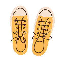 Bright yellow womens sneakers. Stylish casual shoes icon for travel, summer walks, and everyday wear. Flat cartoon doodle, top view vector illustration, isolated colored clipart
