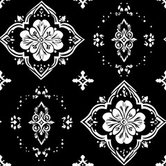 Black and white seamless pattern with intricate floral design.