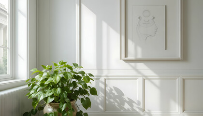 Sunlit Interior with Paneling, Framed Artwork, and Lush Greenery