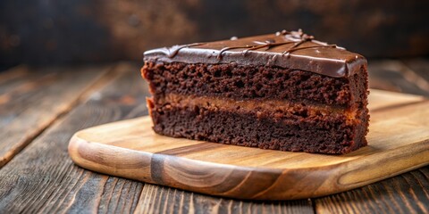 Moist chocolate cake slice on a wooden cutting board, close up, food,  close up