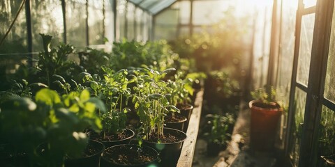 A greenhouse filled with rows of fresh growing vegetables.