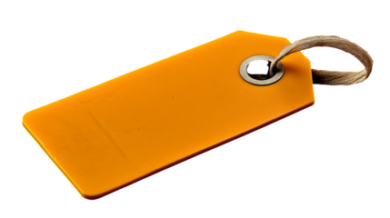 Orange plastic tag with a punch hole, photographed on a plain black studio background