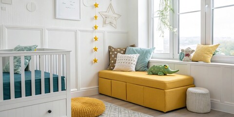 A little baby girl sits comfortably on a sofa in a luxury home living room