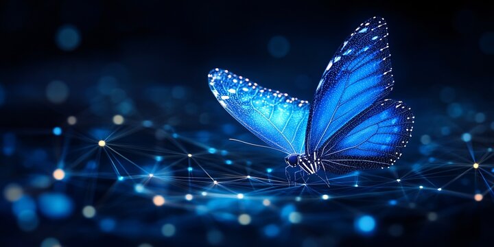 digital blue butterfly with glowing network background