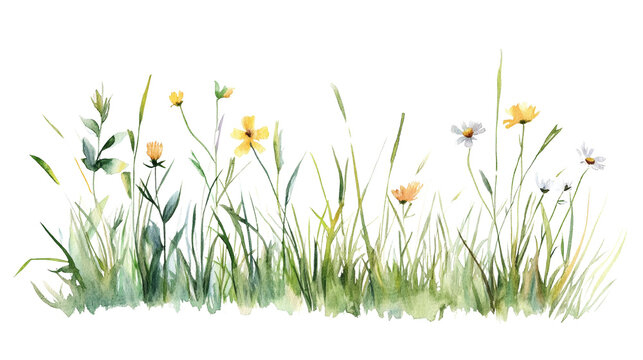 Watercolor meadow grass and flowers illustration for spring and summer decor