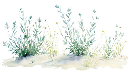 Delicate watercolor illustration featuring beach grass on a sandy dune