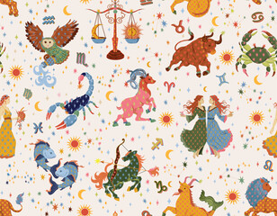 Materiał do szycia Seamless vector pattern zodiac signs.  Aries, Taurus, Gemini, Cancer, Leo, Virgo, Libra, Scorpio, Sagittarius, Capricorn, Aquarius, Pisces. Design for all prints
