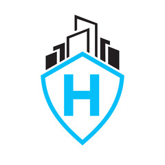 Real Estate Logo On Letter H Concept With Building and Shield Symbol Vector Template