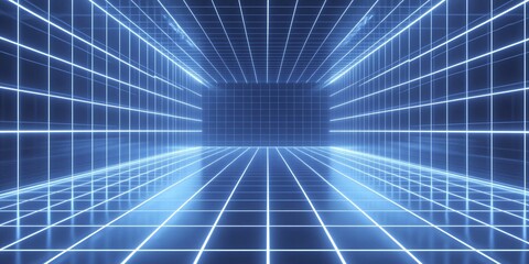 futuristic digital grid tunnel with neon lights for technology and cyber themes