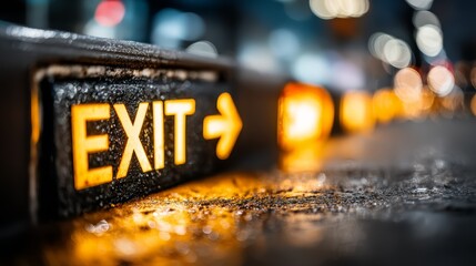 Illuminated Exit Sign with Warning Lights in Urban Setting at Night