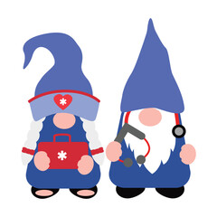 Cute Cartoon Gnomes with Ambulance car, Vector illustration