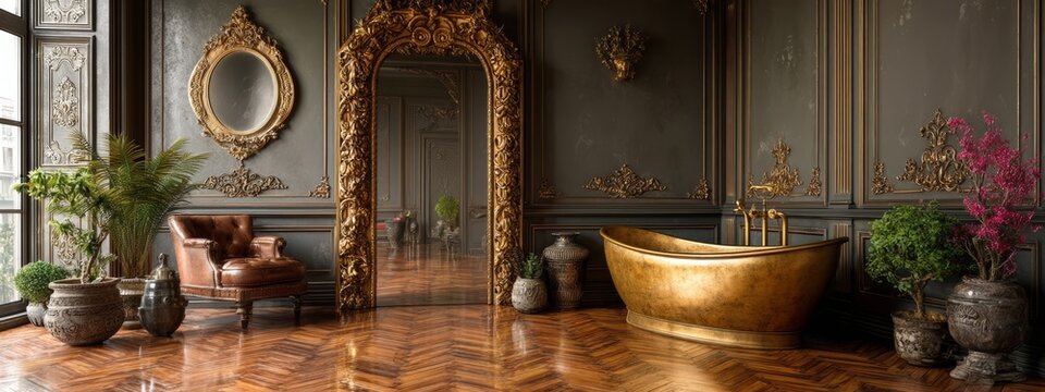 Elegant Vintage Bathroom in Rococo Style with Golden Bathtub and Detailed Decor