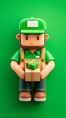 Obraz premium 3D Illustration of a Cute Delivery Courier in Green Uniform Holding a Parcel on Green Background – Isometric Style Character Design for Logistics and Parcel Shipping Concept