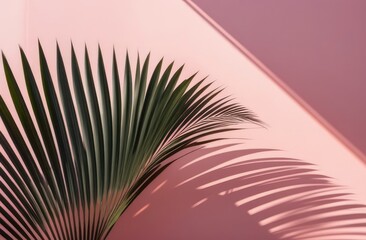 Fototapeta premium Tropical abstract pastel pink floral background with copy space. palm leaves shadow on pink wall 