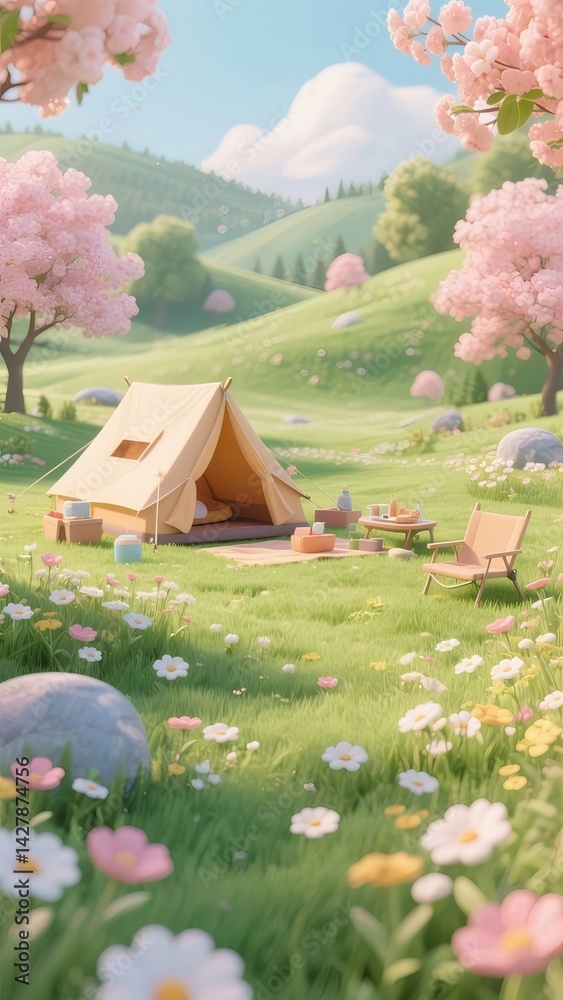 Poster 春の緑豊かな草原に佇むピンクの花咲く木々の傍ら 黄色のテントでのピクニック風景 晴れた日の穏やかな自然