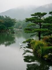 Serene Japanese Garden with Calm Pond and Elegant White Cranes at Dawn