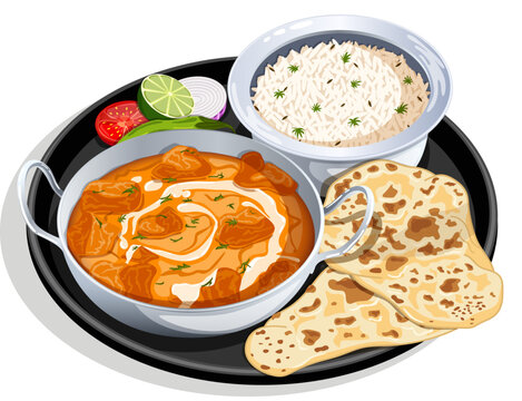 Jeera Rice, Butter Chicken Kadai, Naan and Salad Served in Thali. Traditional Indian Dhaba Style Punjabi Cuisine Detailed Illustration