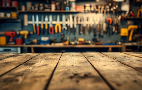 Wooden workbench in a well-equipped workshop