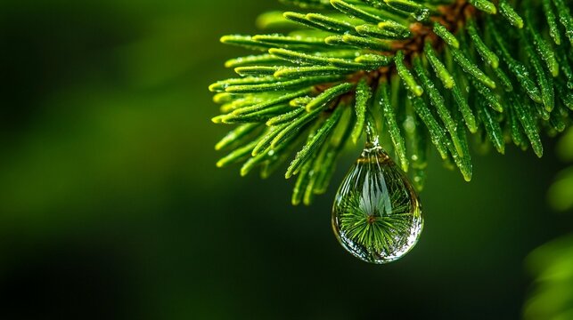 Close-up of a dewdrop hanging from a pine needle, reflecting the surrounding greenery.