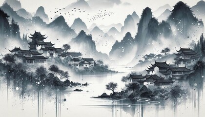 Chinese style ink and wash landscape with splashing white textures
