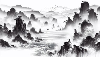 Chinese style ink and wash landscape with splashing white textures