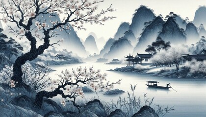Chinese style ink and wash landscape with splashing white textures