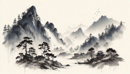 Chinese style ink and wash landscape with splashing white textures
