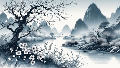 Chinese style ink and wash landscape with splashing white textures