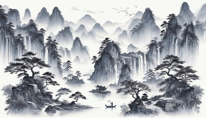 Chinese style ink and wash landscape with splashing white textures